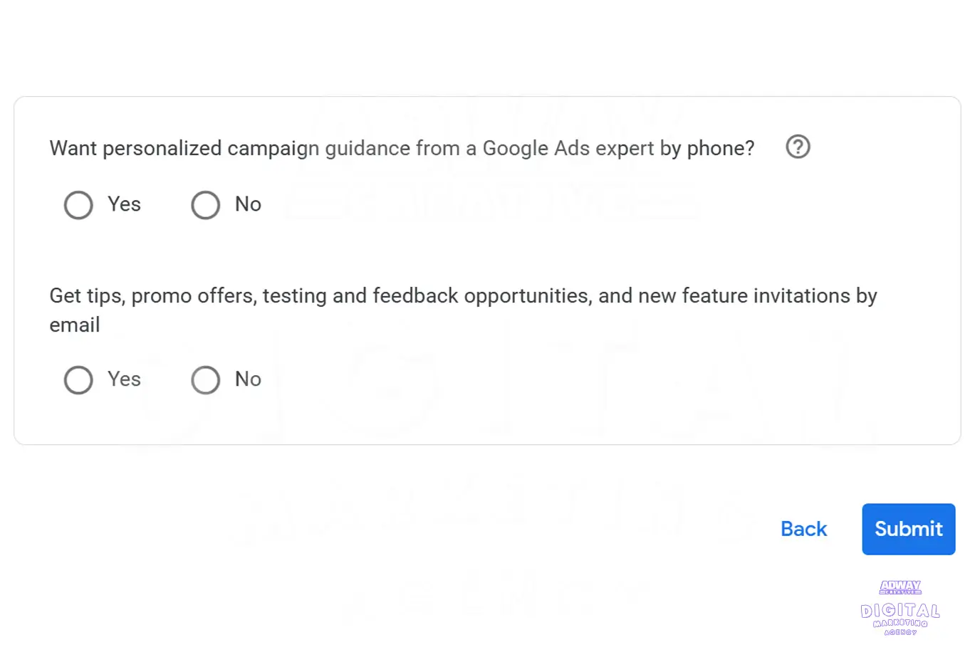 Decide if you want personalized guidance from a Google Ads expert or receive tips and offers via email.
