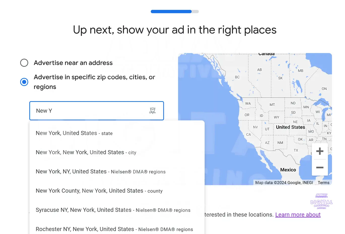 Decide where you want your ad to be displayed, whether targeting specific cities or regions.