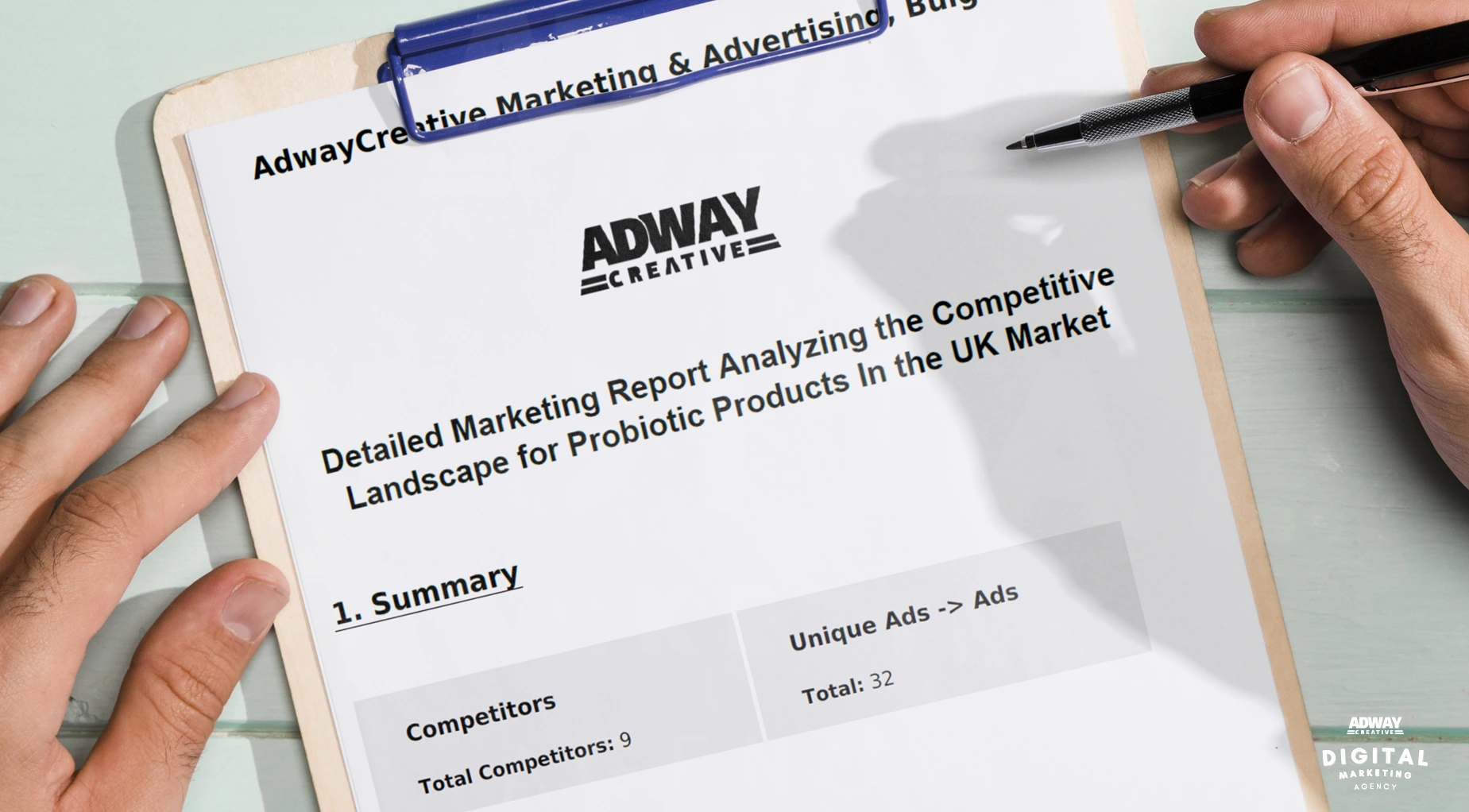 Competitor analysis report showing 9 major players and 32 unique ads in the UK probiotics market