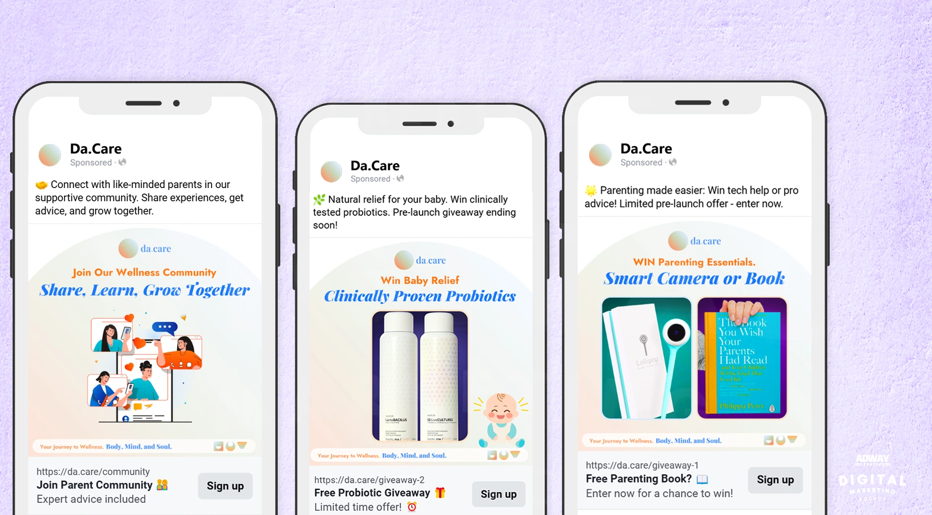 Da.care Facebook ad examples focusing on community building, natural solutions, and parenting technology