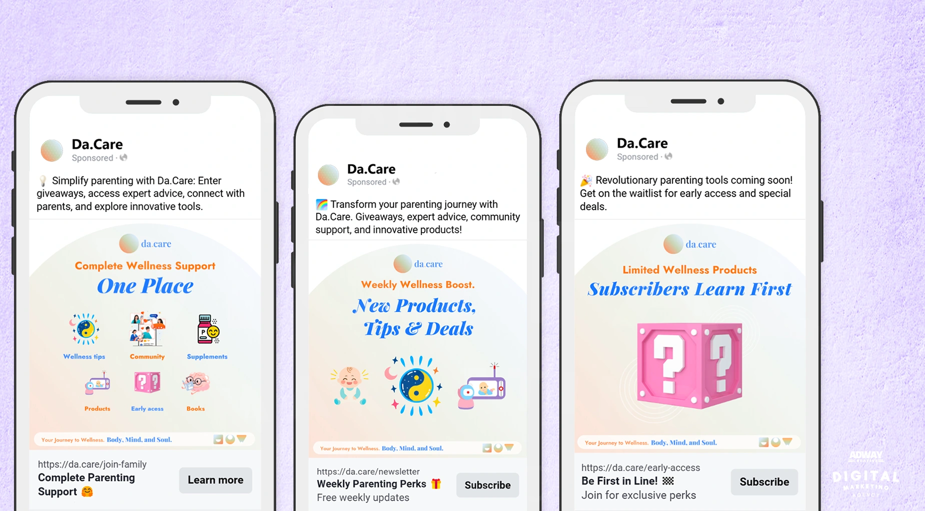 Da.care Facebook ad examples highlighting comprehensive parenting support, transformation, and future product anticipation