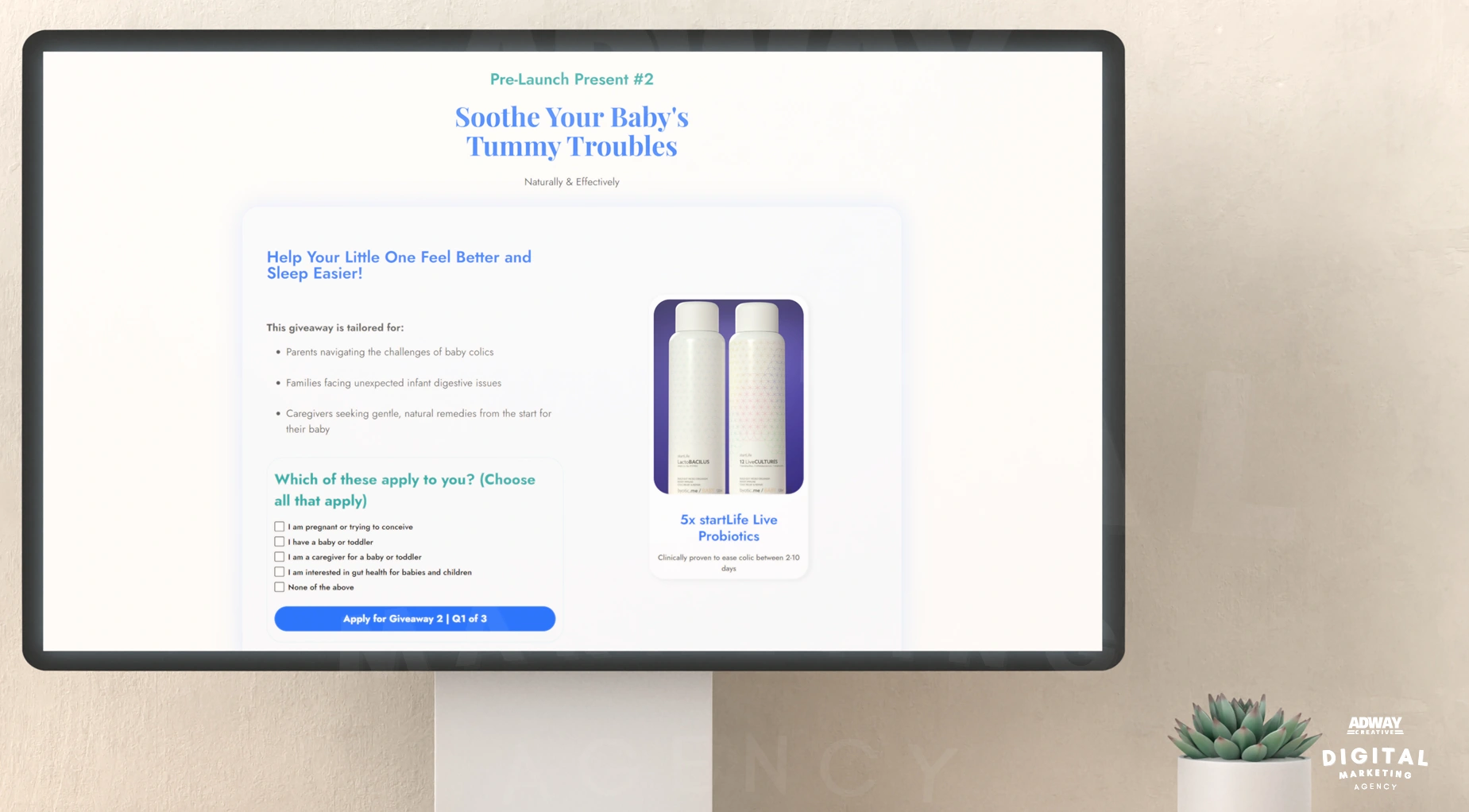 Da.care landing page showcasing Pre-Launch Present #2 giveaway for baby tummy relief products